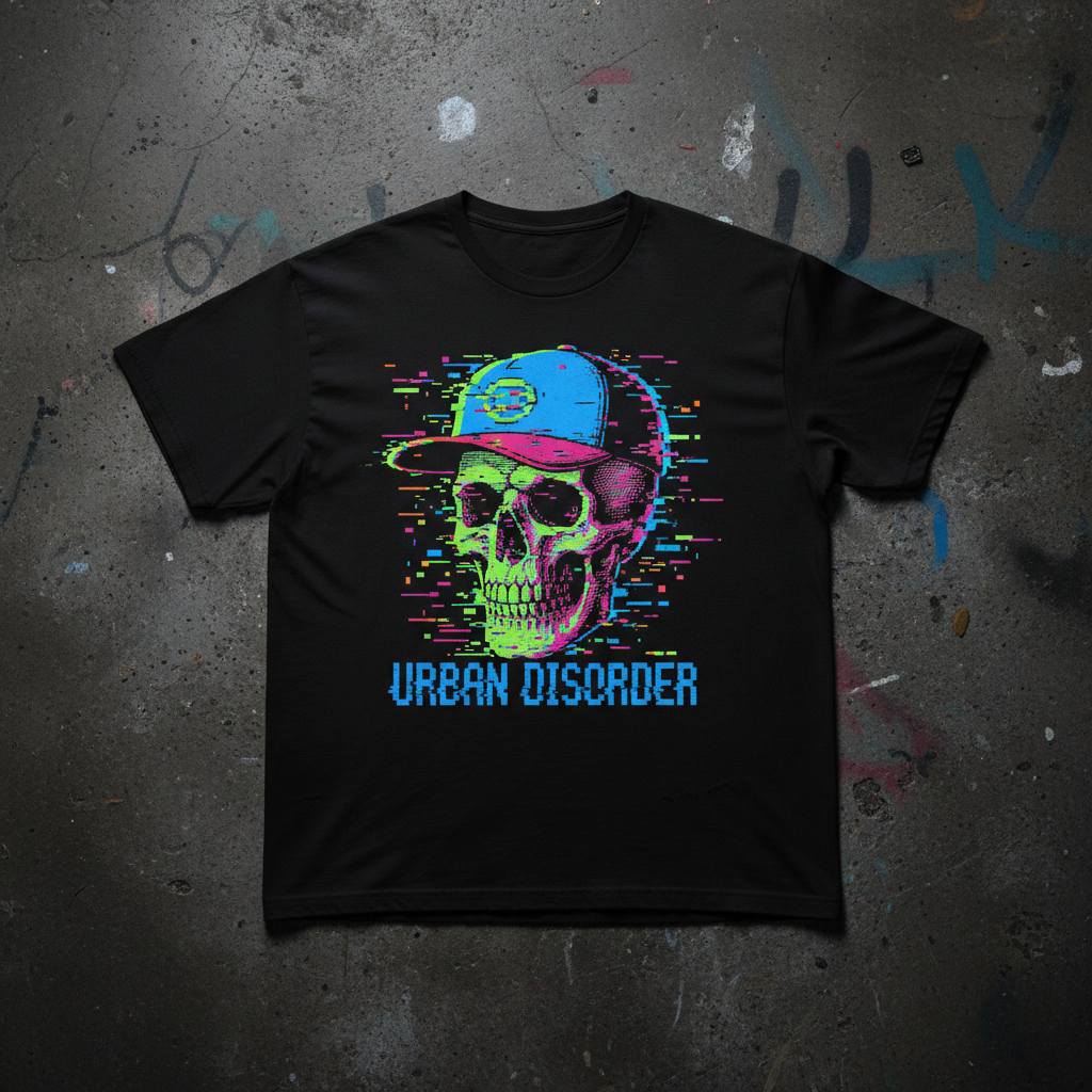 Glitch Pixel Graphic Tee flat lay on concrete with urban streetwear aesthetic