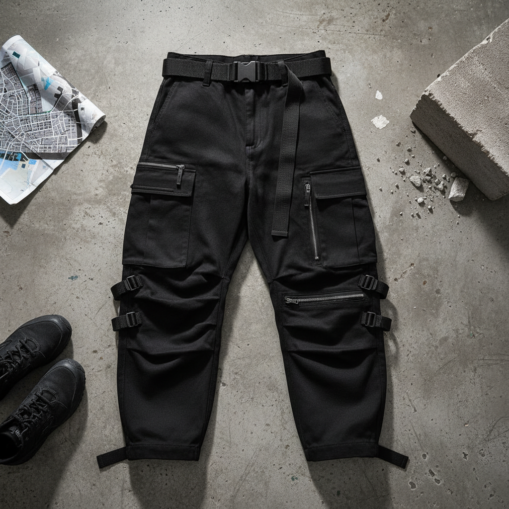 Static Cargo Pants flat lay on concrete with streetwear aesthetic